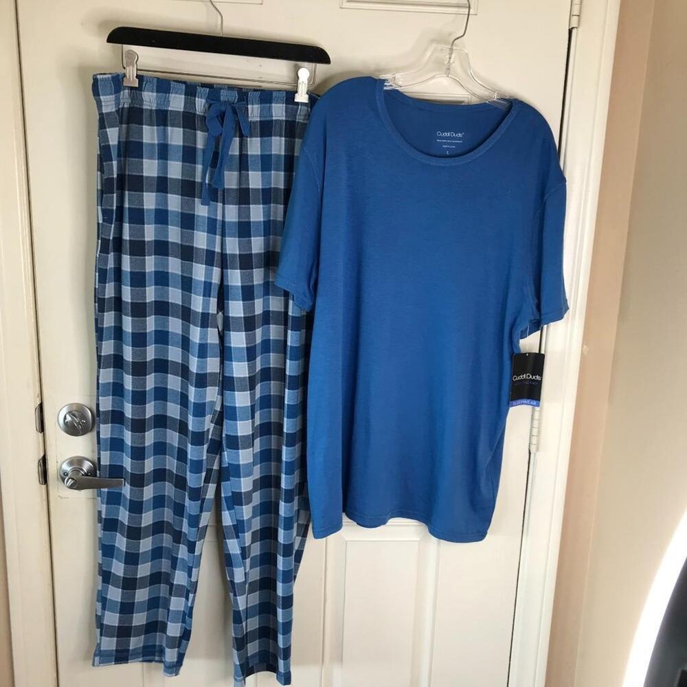 Cuddl Duds Men's 2-Pc Short Sleeve Pajama Set Blue Plaid NEW ~ Size S